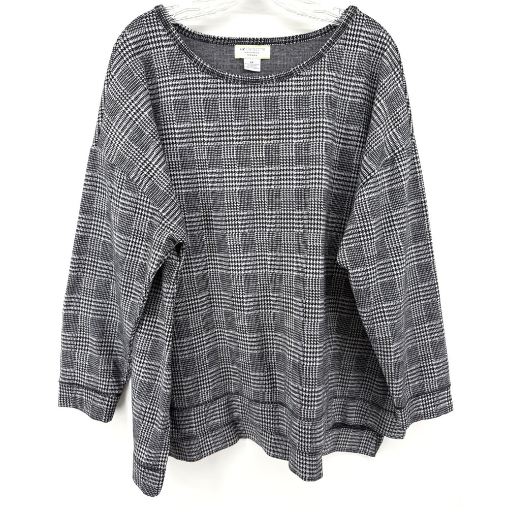 Liz Claiborne Weekend Woman 2X Stretch Knit Top Black Houndstooth Classic Casual